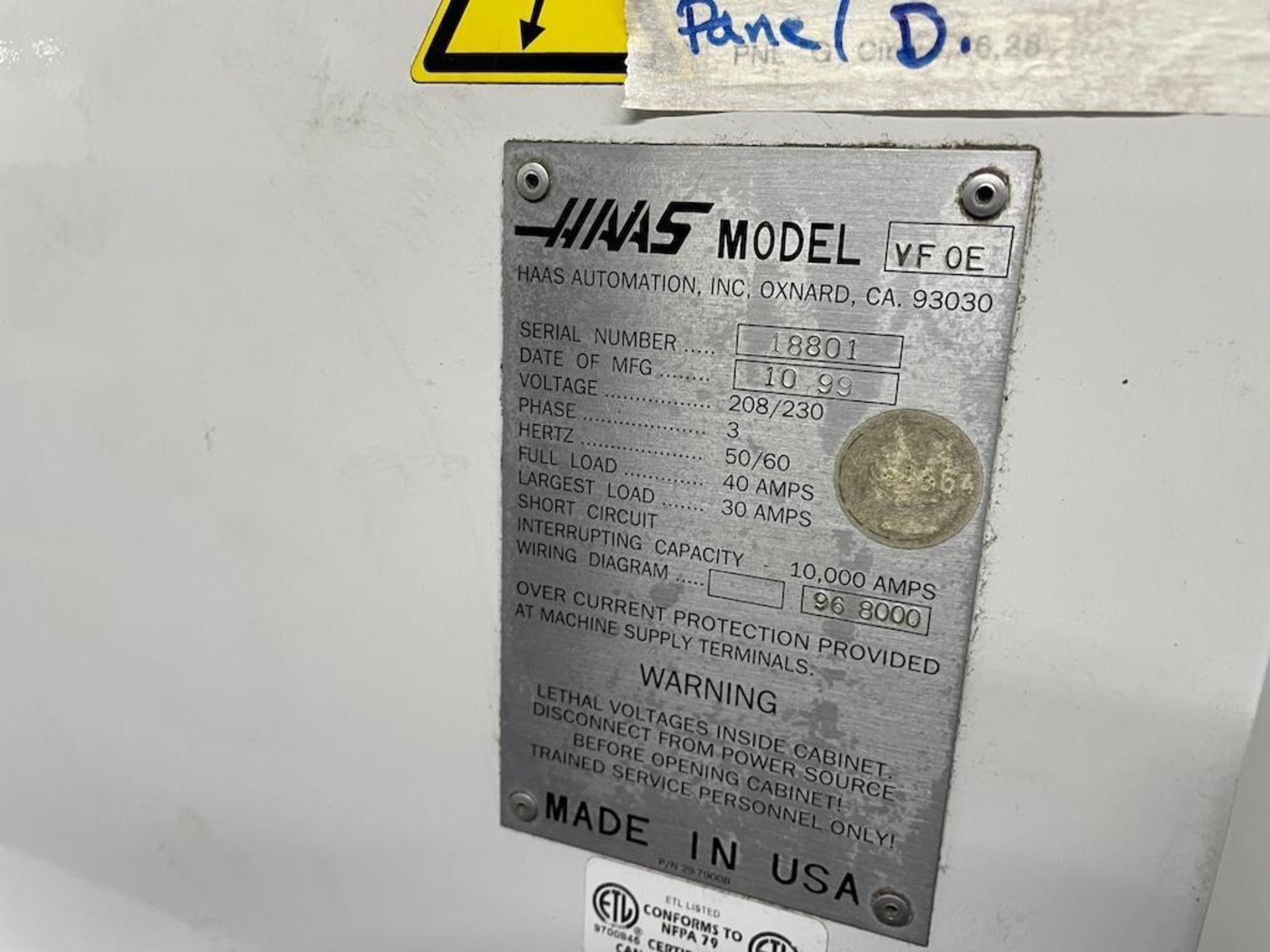HAAS CNC VMC MODEL VFOE, 20 ATC, CAT 40, 36 IN X 14 IN TABLE, 7,000 RPM, PROGRAMMABLE COOLANT - Image 6 of 7