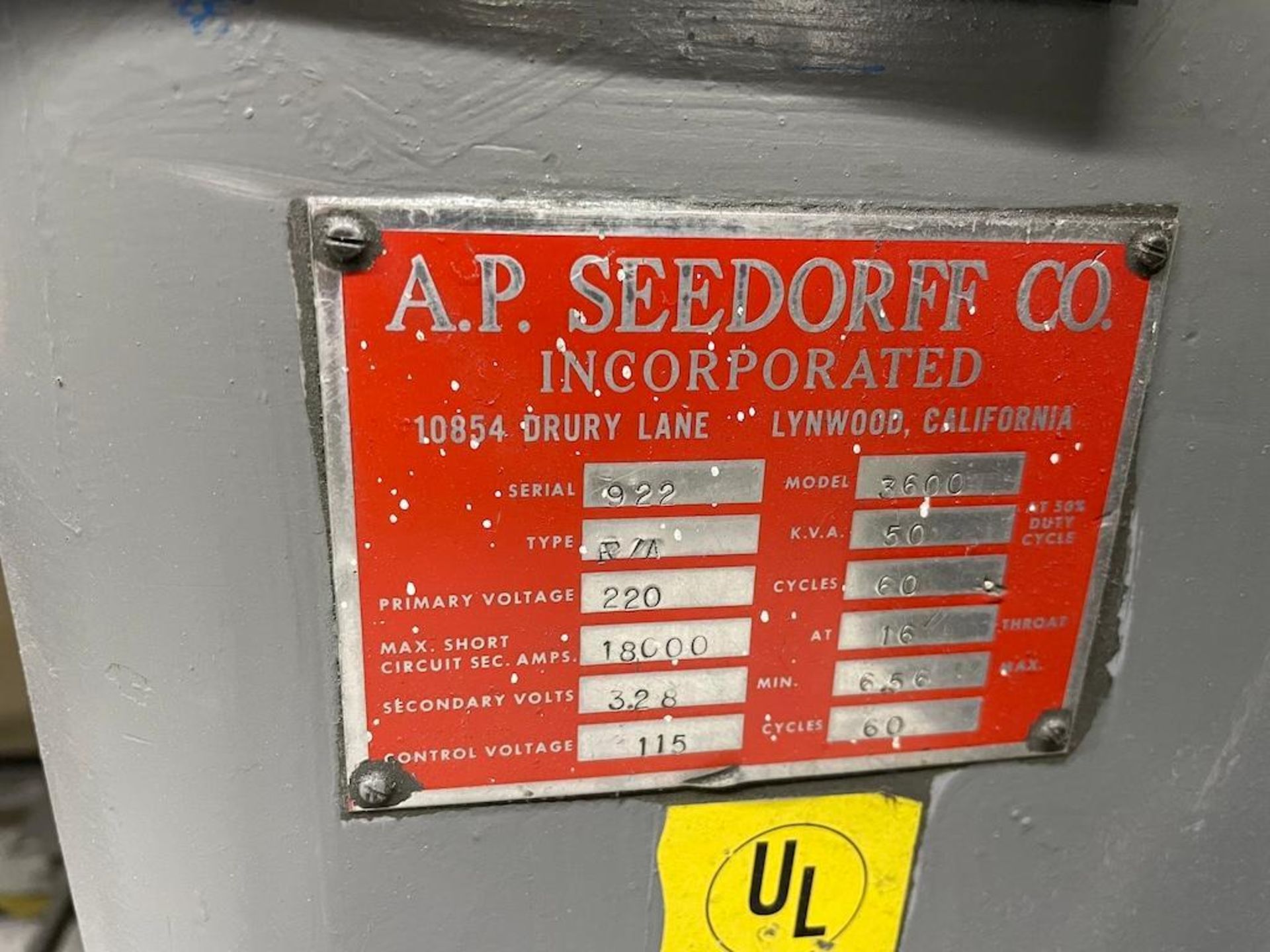 AP SEEDORF 50 KVA SPOT WELDER, 27 IN THROAT, SN 922 [5] - Image 5 of 5