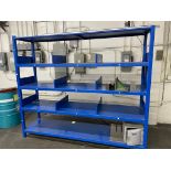 LOT: HEAVY DUTY BLUE 4 SHELF RACK APPROX 94 IN W X 23 IN D X 80 IN H, (2) HD STEEL 4 SHELF ROLLING