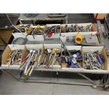 ASSORTED HAND TOOLS, PNEUMATIC, GLOVES, TAPE DISPENSERS, HEIGHT GAUGE, PLUNGER CANS, W 3 HD STEEL