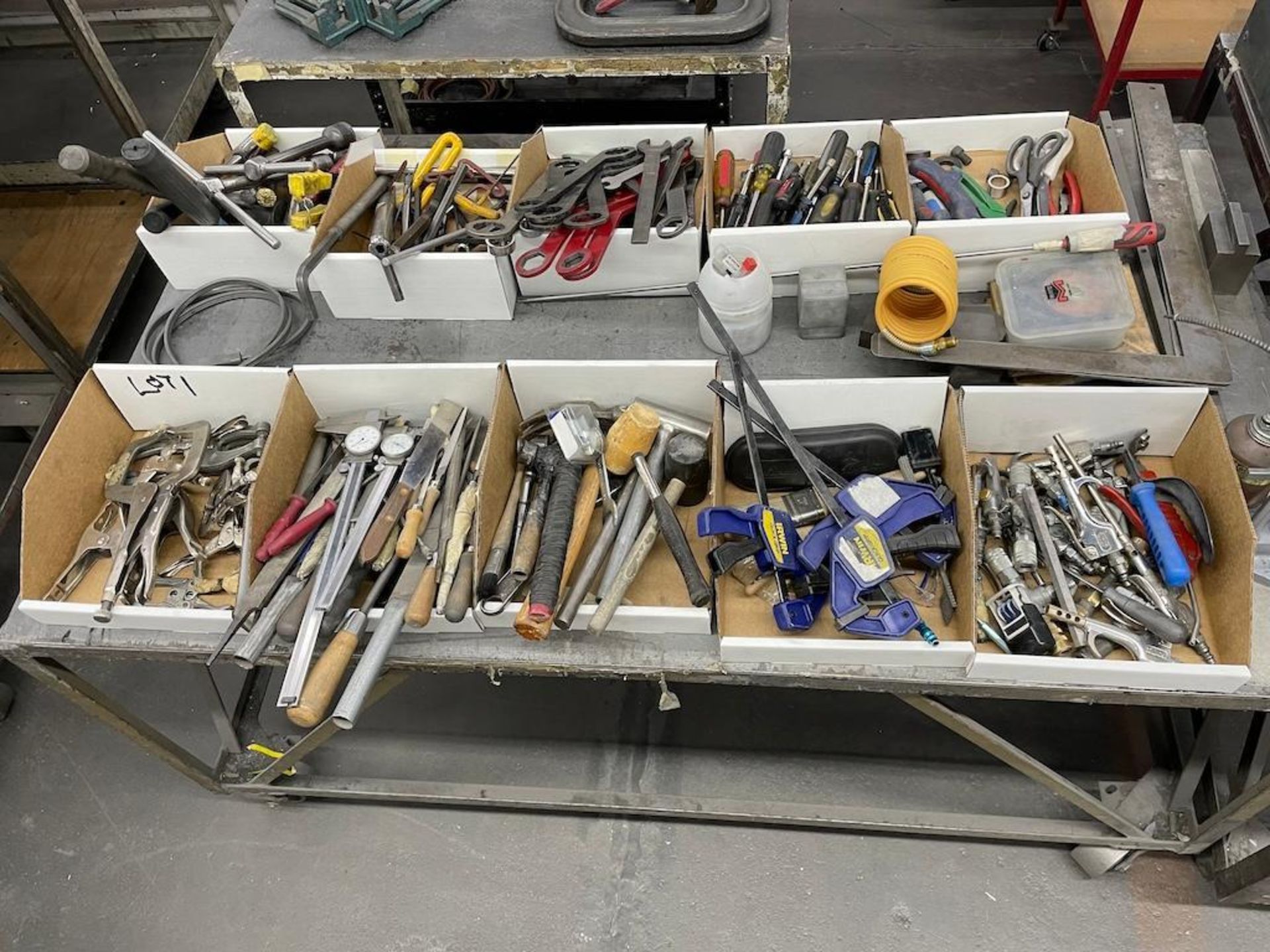 ASSORTED HAND TOOLS, PNEUMATIC, GLOVES, TAPE DISPENSERS, HEIGHT GAUGE, PLUNGER CANS, W 3 HD STEEL