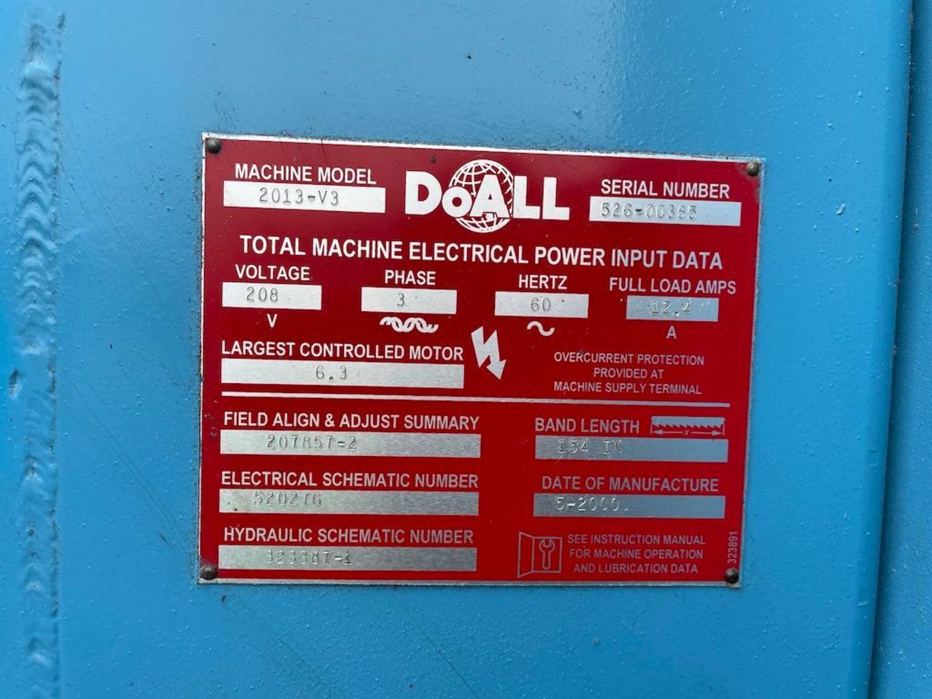 DOALL VERTICAL BANDSAW, MODEL 2013-V3, 20 IN THROAT, 2000, SN 526-00385 [USP] *NOTE: MOVED OUTSIDE - Image 3 of 3