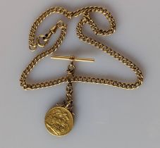 A George V gold full sovereign, 1912, mounted on a flat curb-link yellow gold watch chain