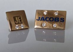 Two yellow gold trade badges with diamond decoration, both stamped 10k, 6g (without backs)