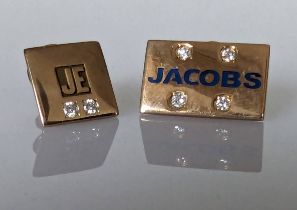 Two yellow gold trade badges with diamond decoration, both stamped 10k, 6g (without backs)