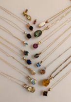 An assortment of sixteen gem-set pendant neck chains in 9ct yellow, rose and white gold,