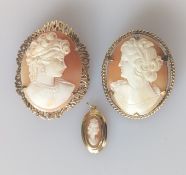 A cameo brooch and a pendant set in 9ct yellow gold, 45mm, 20mm, both hallmarked, 13.6g and another 