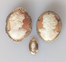 A cameo brooch and a pendant set in 9ct yellow gold, 45mm, 20mm, both hallmarked, 13.6g and another