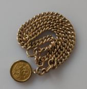 A mounted Edwardian gold half sovereign on a rose gold flat curb-link chain, all links hallmarked 