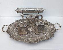 An early 20th century Indian silver presentation tea service with matching tray of tapering hexagona