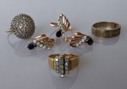 An 18ct gold vintage diamond cluster ring, size M, 5.75g; a pair of sapphire and diamond earrings 