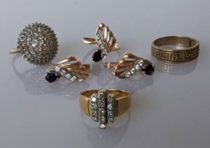An 18ct gold vintage diamond cluster ring, size M, 5.75g; a pair of sapphire and diamond earrings