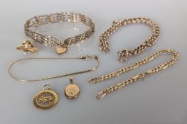 A selection of 9ct gold jewellery, as found, to include four bracelets, two pendants and a badge