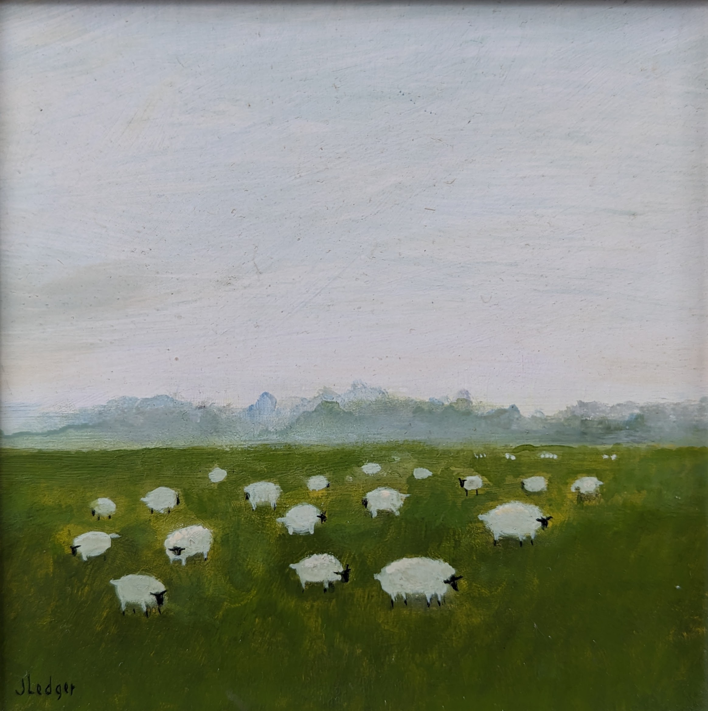 Janet Ledger (b.1934) SHEEP IN THE AFTERNOON, oil on board, framed and mounted, signed bottom left