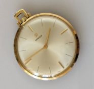 A Vertex slim gold pocket watch with baton markers, case 42mm, stamped 750, 28.4g, in working order