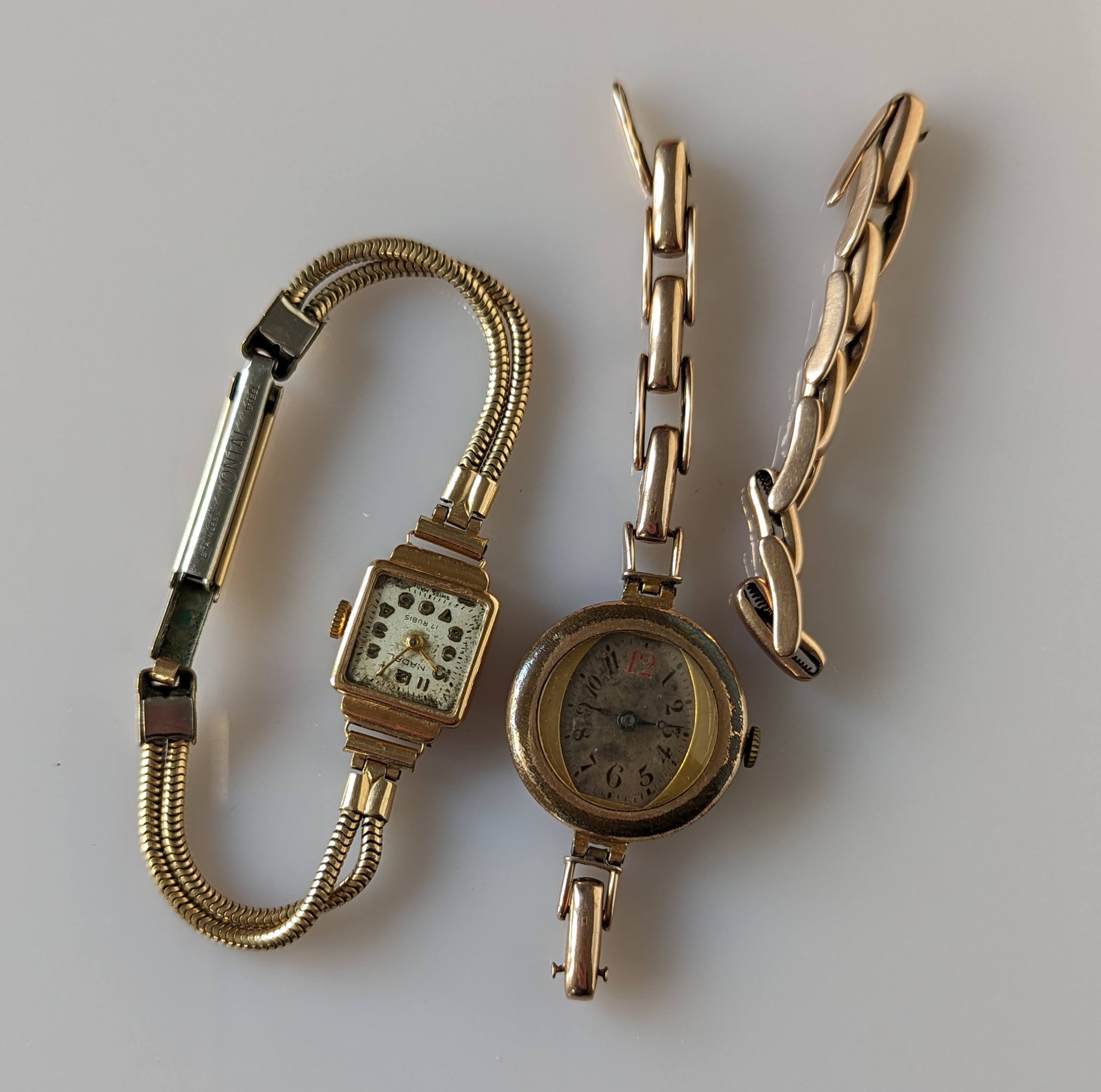 A mid-century Nadal ladies wristwatch with 18ct gold case and gold plated strap together with