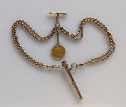 A Victorian gold full sovereign, 1889, mounted on a 9ct rose gold double watch chain with T-bar