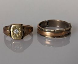 Two Victorian gold rings, one with diamond decoration, 0.10 carats, both unmarked, test for 9ct