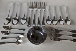 An assortment of Georgian silver flatware to include four Hanoverian dinner forks, each 21 cm