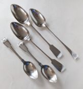 Three Georgian silver basting spoons, two fiddle pattern by Charles Eley and William Bateman