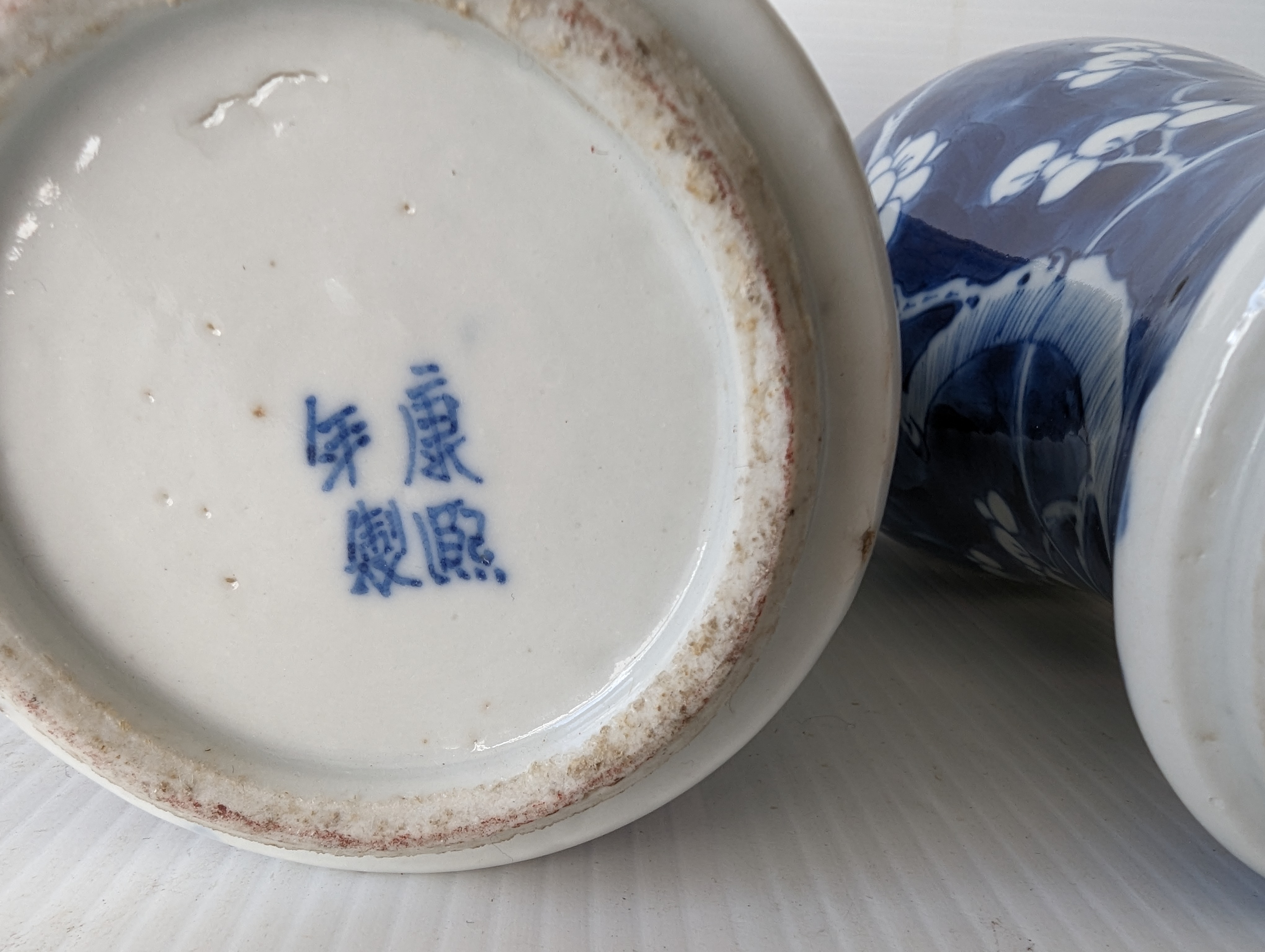 A pair of late 19th century Chinese blue and white porcelain vases with prunus decoration  - Image 4 of 6