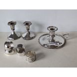 An Edwardian silver chamber stick and snuffer with gadrooned decoration to rim, removable sconce