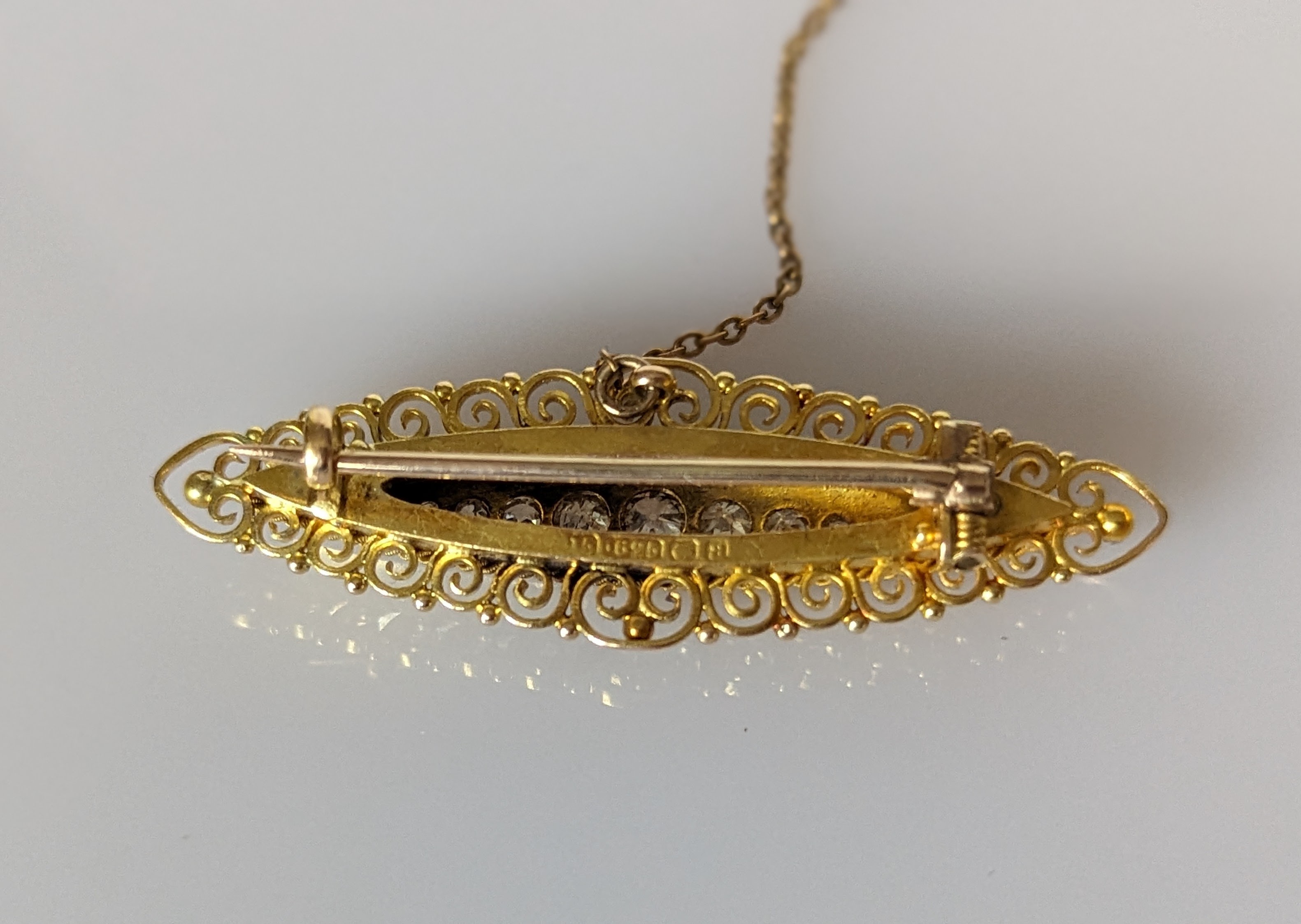 A Victorian-style  yellow gold bar brooch with pave-set round-cut diamonds, largest 0.15 carats - Image 2 of 2