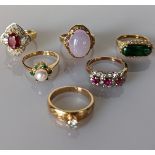 A selection of six yellow gold jem-set rings, mixed sizes, stamped or testing for 14ct gold, 27g