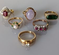 A selection of six yellow gold jem-set rings, mixed sizes, stamped or testing for 14ct gold, 27g