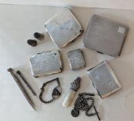 Four silver cigarette cases, a vesta case, two thimbles, an Albert chain, RAF identity bracelet,