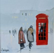 Janet Ledger (b.1934) TELEPHONE BOX AT WOOD GREEN, oil on board, framed and mounted, signed