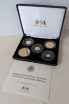 A cased Harrington & Byrne King Charles 2023 Coronation Gold Proof 5-Sovereign collection, limited e
