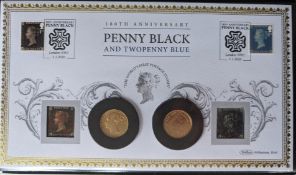 A Harrington & Byrne 180 Anniversary of the Penny Black & Two Pence Blue, Gold Sovereign Coin Pair