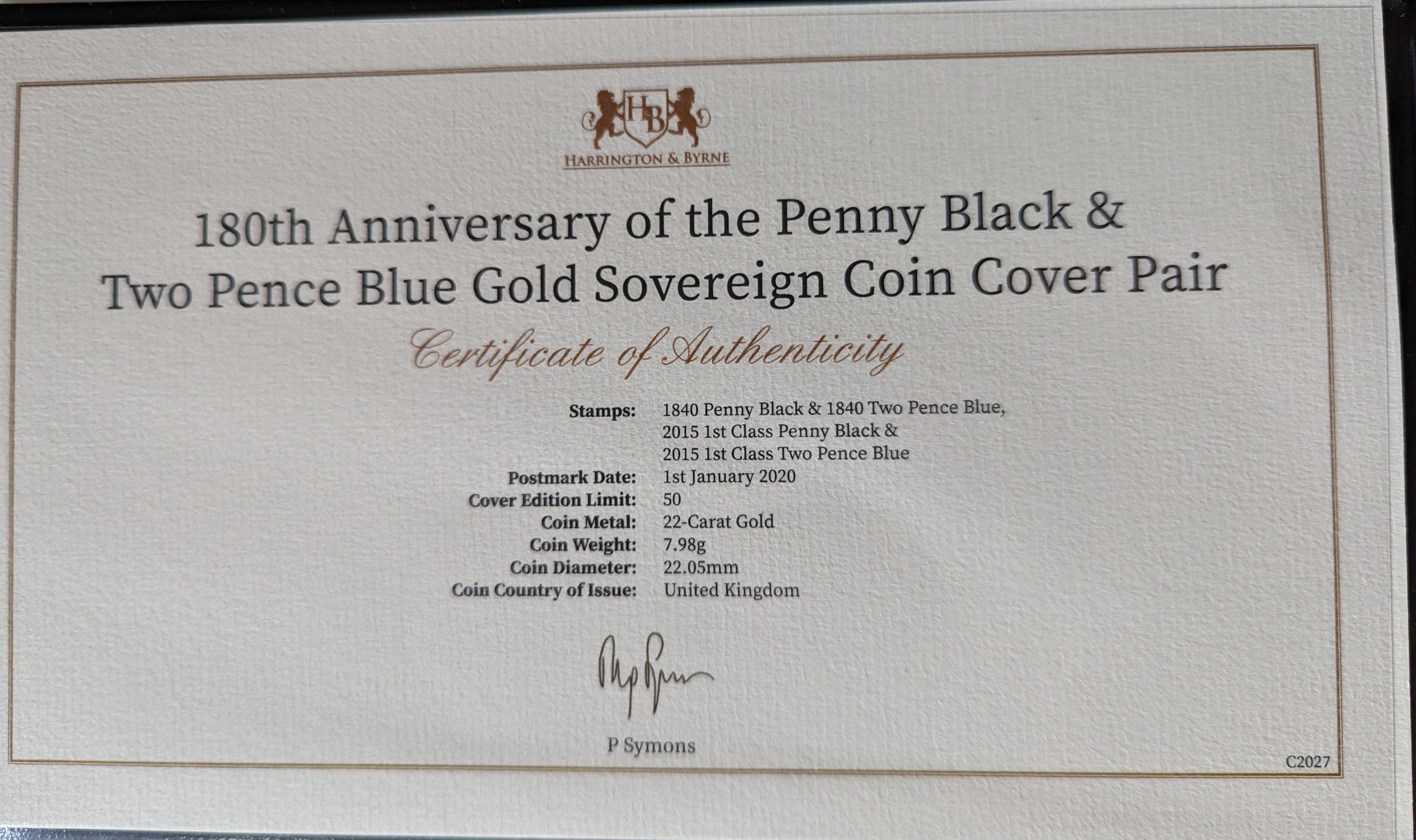 A Harrington & Byrne 180 Anniversary of the Penny Black & Two Pence Blue, Gold Sovereign Coin Pair - Image 2 of 3