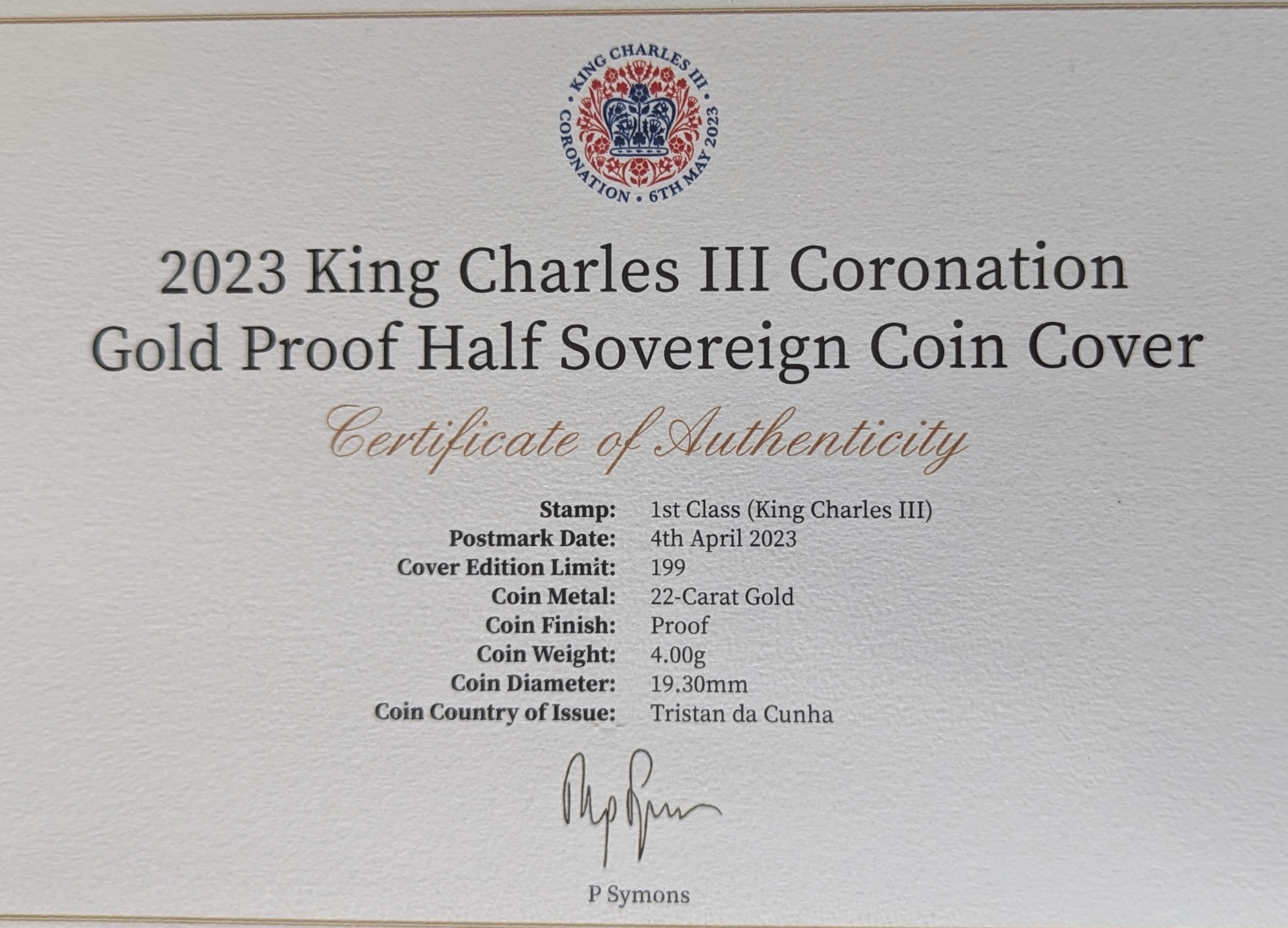 A Harrington & Byrne 2023 King Charles III Coronation Gold Proof Half Sovereign Coin Cover, with COA - Image 2 of 3
