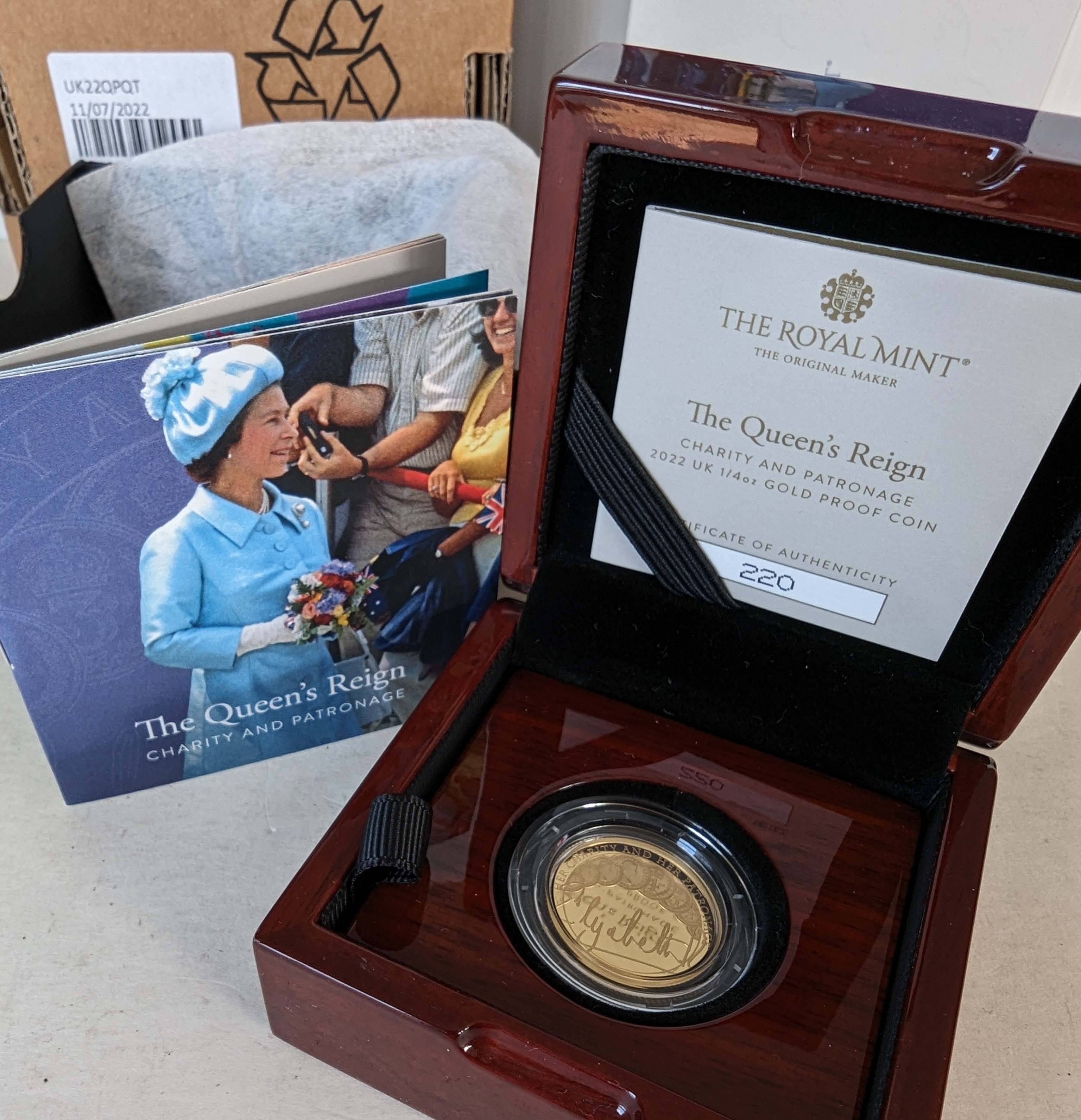 The Royal Mint The Queen's Reign, Charity and Patronage, 2022 UK 1/4 oz Gold Proof Coin, with COA 
