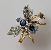 A sapphire and diamond decoration bee brooch on white and yellow metal, hallmarked 9ct, 25 x 20mm, 3