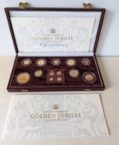 A cased Royal Mint, 2002 UK, Golden Jubilee Gold Proof Set comprising, £5, £2, £1, 50p, 20p, 10, 5p