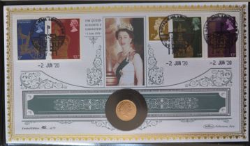 A Harrington & Byrne 2020 Queen's Coronation Anniversary Gold Proof Half Sovereign Coin Cover, with