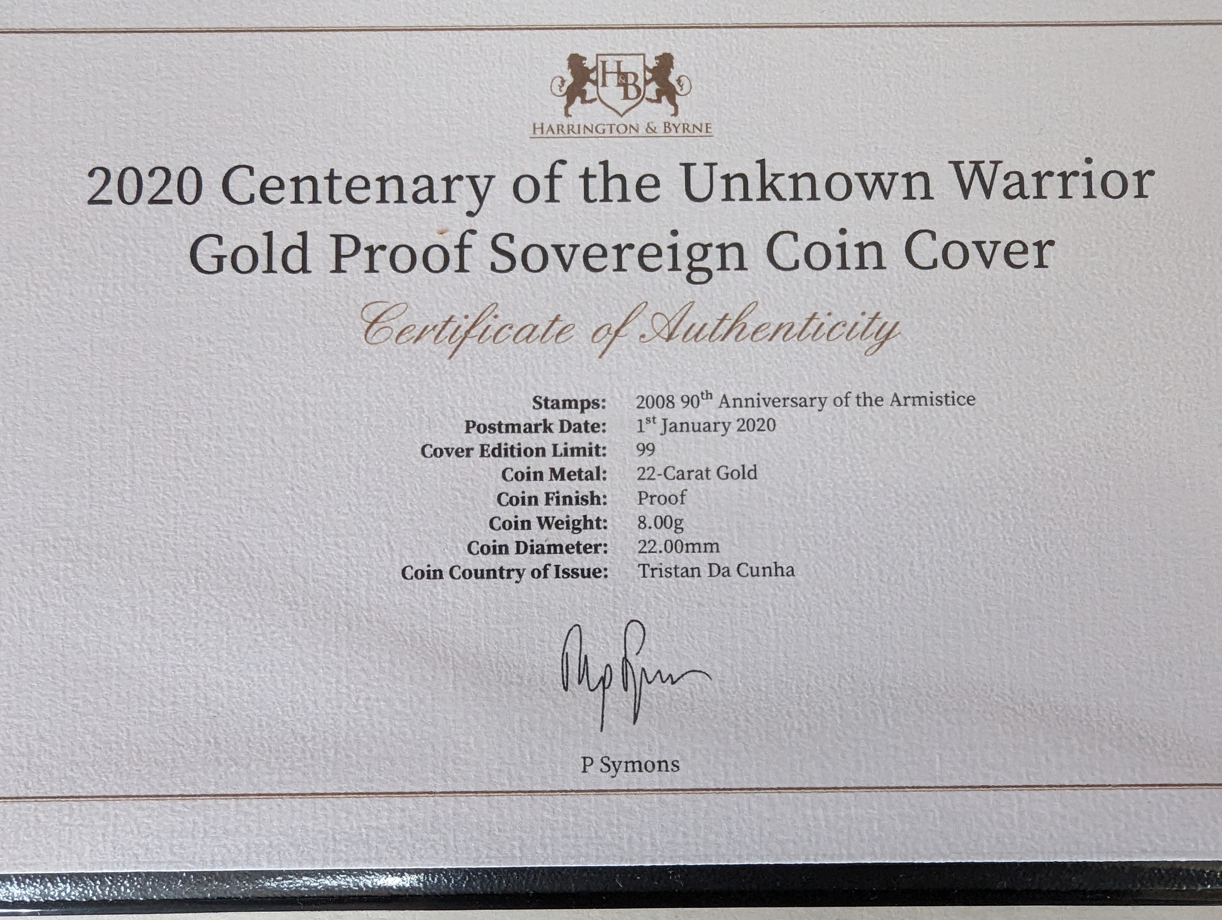 A Harrington & Byrne 2020, Centenary of the Unknown Warrior, Gold Proof Sovereign Cover, with COA - Image 2 of 3