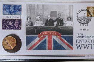A Harrington & Byrne 2020, 75th Anniversary of the VE Day, Gold Proof 50p Coin Cover, 8g, with COA,