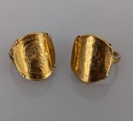 Two Franz Joseph Austrian 1892 10F/4Fl coins, mounted on gold settings, each stamped 750