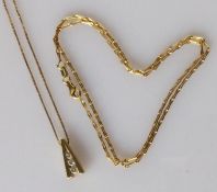 A yellow gold pendant chain with three graduated diamonds (largest 0.075 carats) 