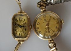 A mid-century ladies gold dress watch with oblong dial and carved fancy-link elastic strap, stamped 