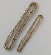 A yellow gold belcher neck chain, 60 cm and another fancy-link neck chain, 48 cm, both hallmarked 