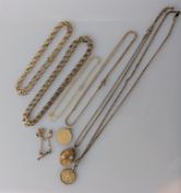Two 9ct yellow pendant chains, one other pendant, one bracelet (clasp broken) 