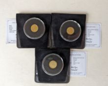 Three Tristan da Cunha 2015 9ct gold coins, each 1g and with COA