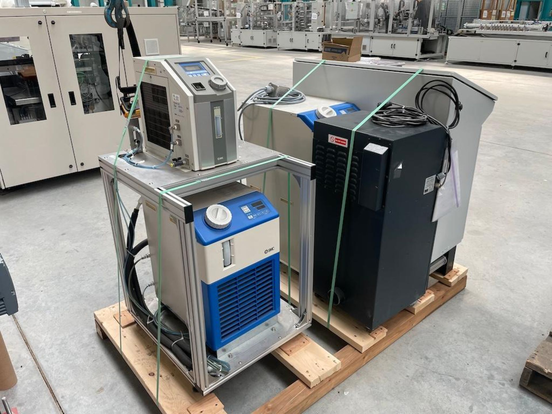 SKID LOT W (3) CHILLERS, CONTROL PANEL PARTS INCLUDING: SMC THERMO CHILLER MODEL HRS050-WN-20-M, HRS