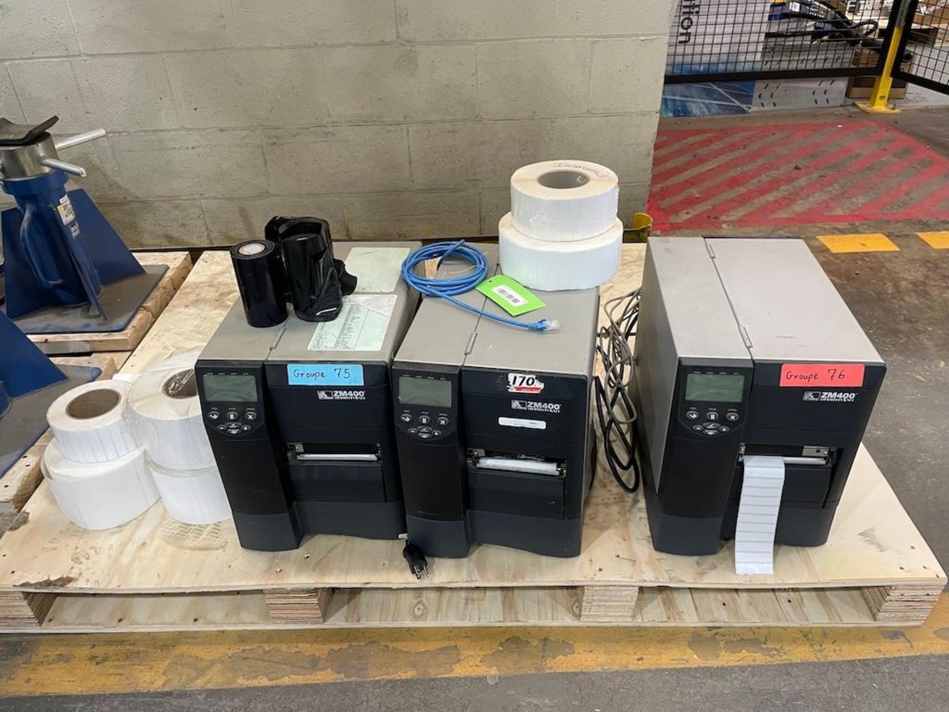 LOT (3) ZEBRA ZM400 LABEL PRINTERS W LABELS [TROIS RIVIERES] *PLEASE NOTE, EXCLUSIVE RIGGING FEE OF