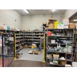 LOT CONTENTS (2) MAINTENANCE AND SUPPLY ROOMS INCLUDING: (9) METAL RACKS W ELECTRICAL COMPONENT AND